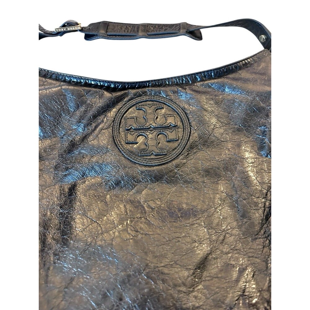 Tory Burch Black Glazed Distressed Leather Shoulder Tote Hobo Bag Gold Trim - Picture 2 of 14